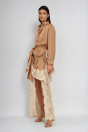 Isadora Brown Satin Floral Lace Shirt & Skirt Set - Aura Muse