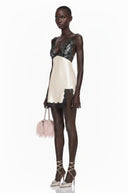 Isaura Khaki V-Neck Lace Satin Mini Dress - Aura Muse