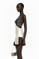 Isaura Khaki V-Neck Lace Satin Mini Dress - Aura Muse
