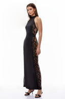 Iseult Black Cut-Out Maxi Dress with Lace Panels - Aura Muse