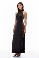 Iseult Black Cut-Out Maxi Dress with Lace Panels - Aura Muse