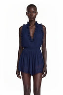 Jeanne Navy Blue V-Neck Lace Mini Dress with Ruffled Trim - Aura Muse