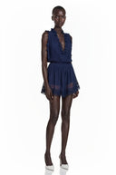 Jeanne Navy Blue V-Neck Lace Mini Dress with Ruffled Trim - Aura Muse