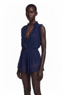 Jeanne Navy Blue V-Neck Lace Mini Dress with Ruffled Trim - Aura Muse