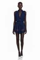 Jeanne Navy Blue V-Neck Lace Mini Dress with Ruffled Trim - Aura Muse