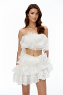 Jéromine White Bustier Top & Ruffled Skirt Set with 3D Florals - Aura Muse