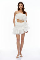 Jéromine White Bustier Top & Ruffled Skirt Set with 3D Florals - Aura Muse