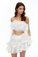 Jéromine White Bustier Top & Ruffled Skirt Set with 3D Florals - Aura Muse