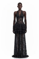 Julieta Black Floral Appliqué Tiered Maxi Dress - Aura Muse
