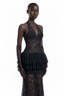 Julieta Black Floral Appliqué Tiered Maxi Dress - Aura Muse