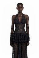 Julieta Black Floral Appliqué Tiered Maxi Dress - Aura Muse