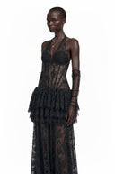 Julieta Black Floral Appliqué Tiered Maxi Dress - Aura Muse