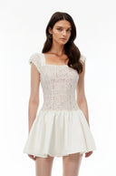 Kailani White Square Neck Mini Dress with Lace Panels - Aura Muse