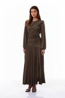 Katalina Brown Braid Detail Ruched Maxi Dress - Aura Muse