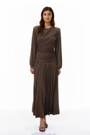 Katalina Brown Braid Detail Ruched Maxi Dress - Aura Muse