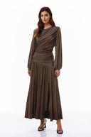 Katalina Brown Braid Detail Ruched Maxi Dress - Aura Muse