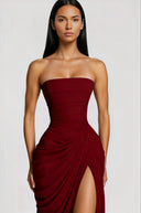 Kaylin Burgundy Ruched Maxi Dress with Cross Front - Aura Muse