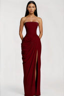 Kaylin Burgundy Ruched Maxi Dress with Cross Front - Aura Muse