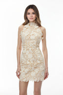 Kennedy Neutral High Neck Lace Mini Dress - Aura Muse