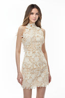Kennedy Neutral High Neck Lace Mini Dress - Aura Muse