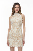 Kennedy Neutral High Neck Lace Mini Dress - Aura Muse