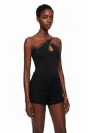 Kolette Black Lace Trim Asymmetrical Bodysuit - Aura Muse