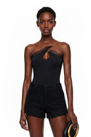 Kolette Black Lace Trim Asymmetrical Bodysuit - Aura Muse