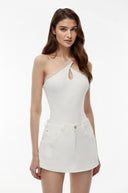 Kolette White Lace Trim Asymmetrical Bodysuit - Aura Muse