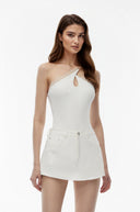 Kolette White Lace Trim Asymmetrical Bodysuit - Aura Muse