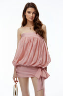 Kornelia Pink Off Shoulder Ruched Mini Dress with Bow - Aura Muse