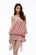 Kornelia Pink Off Shoulder Ruched Mini Dress with Bow - Aura Muse
