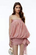 Kornelia Pink Off Shoulder Ruched Mini Dress with Bow - Aura Muse