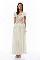 Krystèle Ivory V-Neck Ruffled Maxi Dress with Lace Trim - Aura Muse