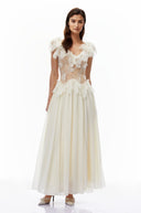 Krystèle Ivory V-Neck Ruffled Maxi Dress with Lace Trim - Aura Muse