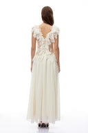 Krystèle Ivory V-Neck Ruffled Maxi Dress with Lace Trim - Aura Muse