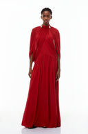Laurel Red Cape Design Mesh Maxi Dress - Aura Muse