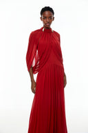 Laurel Red Cape Design Mesh Maxi Dress - Aura Muse