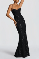Léontine Black Floral Appliqué Corset Maxi Dress - Aura Muse