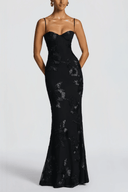 Léontine Black Floral Appliqué Corset Maxi Dress - Aura Muse