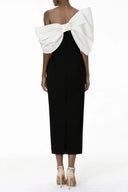 Ligia Black Midi Dress with Asymmetrical Bow Detail - Aura Muse