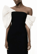 Ligia Black Midi Dress with Asymmetrical Bow Detail - Aura Muse