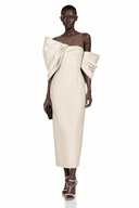Ligia Cream Midi Dress with Asymmetrical Bow Detail - Aura Muse