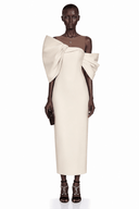Ligia Cream Midi Dress with Asymmetrical Bow Detail - Aura Muse