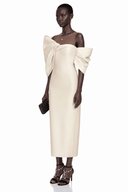 Ligia Cream Midi Dress with Asymmetrical Bow Detail - Aura Muse