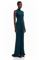 Lilyan Dark Green Asymmetrical Ruched Maxi Dress - Aura Muse