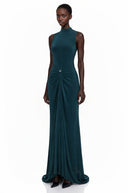 Lilyan Dark Green Asymmetrical Ruched Maxi Dress - Aura Muse