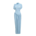 Liora Asymmetric Pleated Chiffon Maxi Dress in Baby Blue - Aura Muse