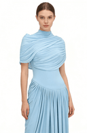 Liora Asymmetric Pleated Chiffon Maxi Dress in Baby Blue - Aura Muse