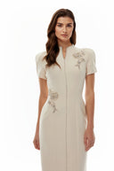 Lorette Neutral Floral Crystal Midi Dress - Aura Muse