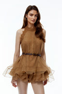 Lucretia Chocolate Brown Halterneck Mesh Mini Dress - Aura Muse